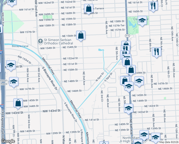 map of restaurants, bars, coffee shops, grocery stores, and more near 250 Northeast 150th Street in Miami