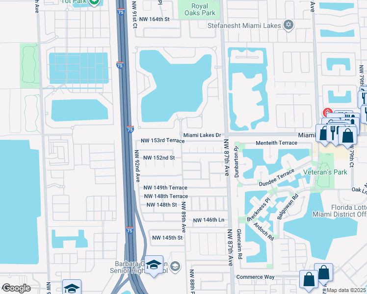 map of restaurants, bars, coffee shops, grocery stores, and more near 8850 Northwest 153rd Terrace in Miami Lakes