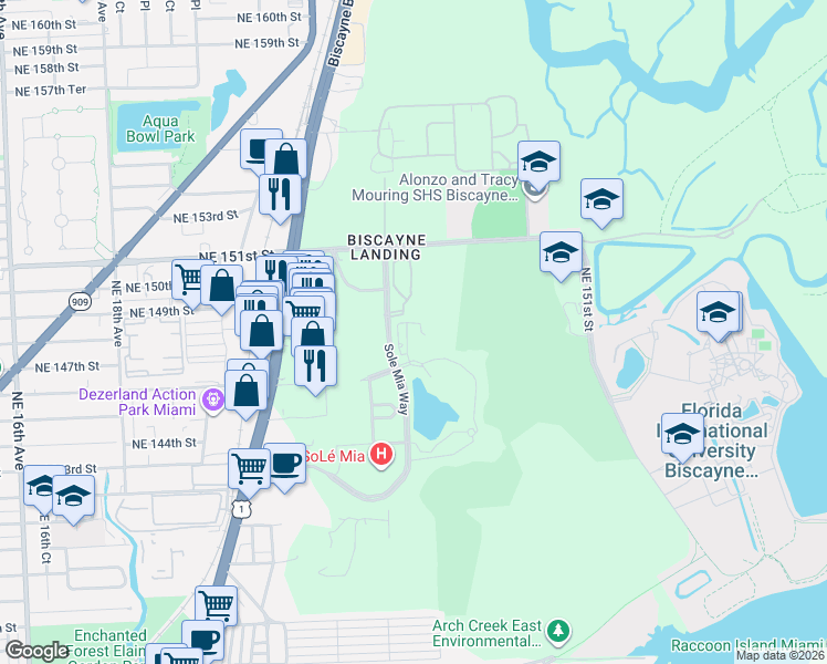 map of restaurants, bars, coffee shops, grocery stores, and more near 2321 Laguna Circle in North Miami