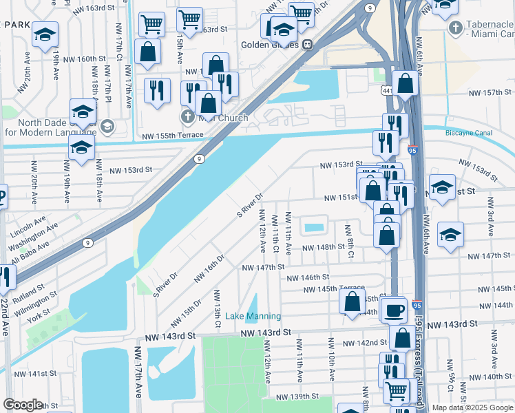 map of restaurants, bars, coffee shops, grocery stores, and more near 1200 Northwest 151st Street in Miami