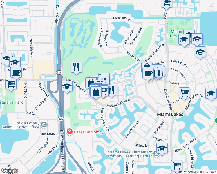 map of restaurants, bars, coffee shops, grocery stores, and more near 7204 Fairway Drive in Miami Lakes