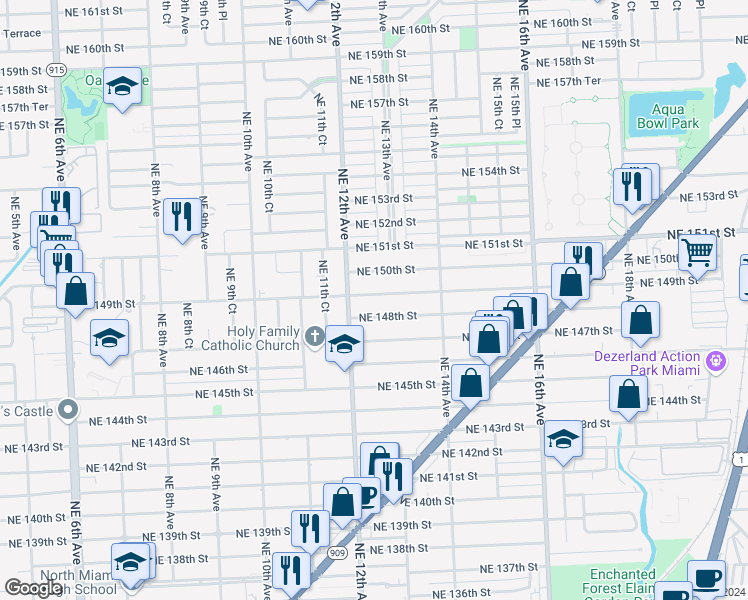 map of restaurants, bars, coffee shops, grocery stores, and more near 1214 Northeast 149th Street in Miami