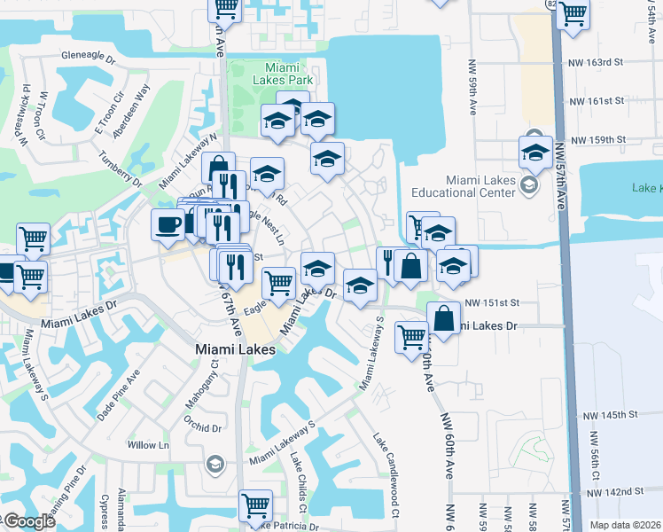 map of restaurants, bars, coffee shops, grocery stores, and more near 6340 Moultrie Place in Miami Lakes