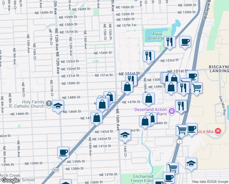 map of restaurants, bars, coffee shops, grocery stores, and more near 14860 Northeast 16th Avenue in Miami