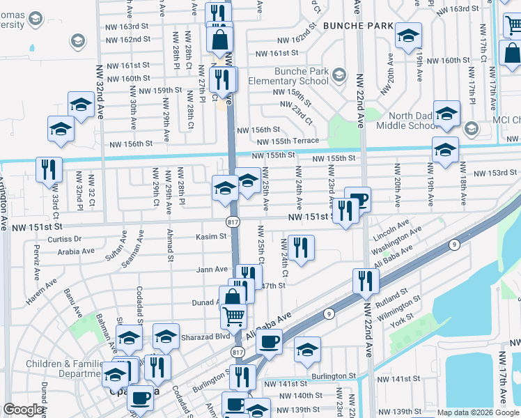 map of restaurants, bars, coffee shops, grocery stores, and more near 2510 Northwest 152nd Street in Miami Gardens