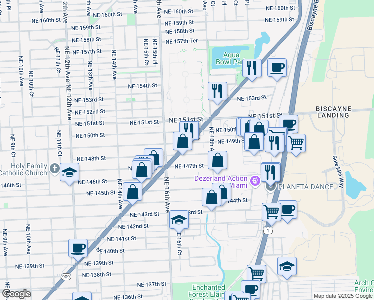 map of restaurants, bars, coffee shops, grocery stores, and more near 14811 West Dixie Highway in Miami