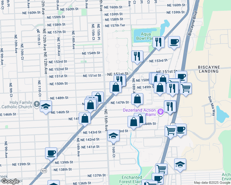 map of restaurants, bars, coffee shops, grocery stores, and more near 14811 West Dixie Highway in Miami