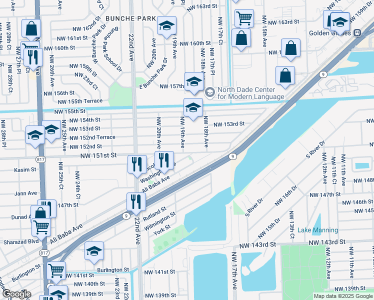 map of restaurants, bars, coffee shops, grocery stores, and more near 1897 Northwest 151st Street in Opa-locka