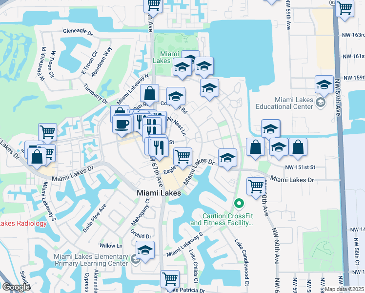 map of restaurants, bars, coffee shops, grocery stores, and more near 6610 Main Street in Miami Lakes