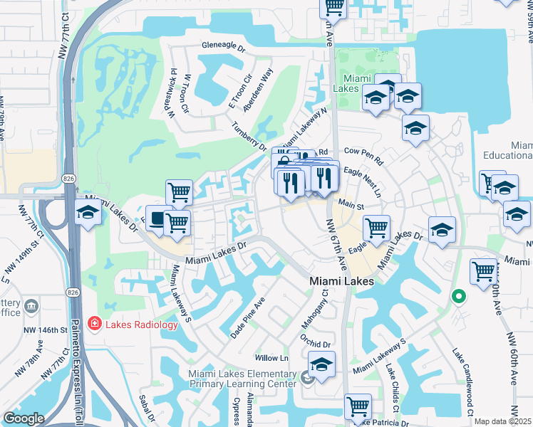 map of restaurants, bars, coffee shops, grocery stores, and more near 6910 Main Street in Miami Lakes