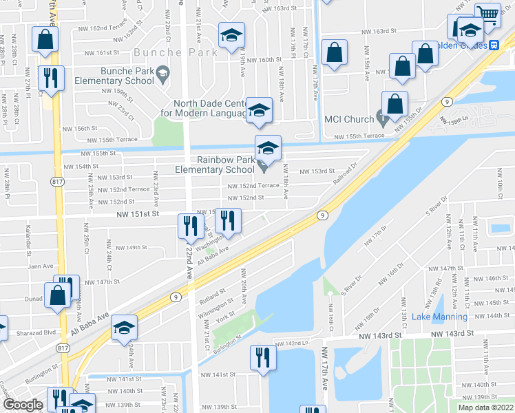 map of restaurants, bars, coffee shops, grocery stores, and more near 1897 Northwest 151st Street in Opa-locka