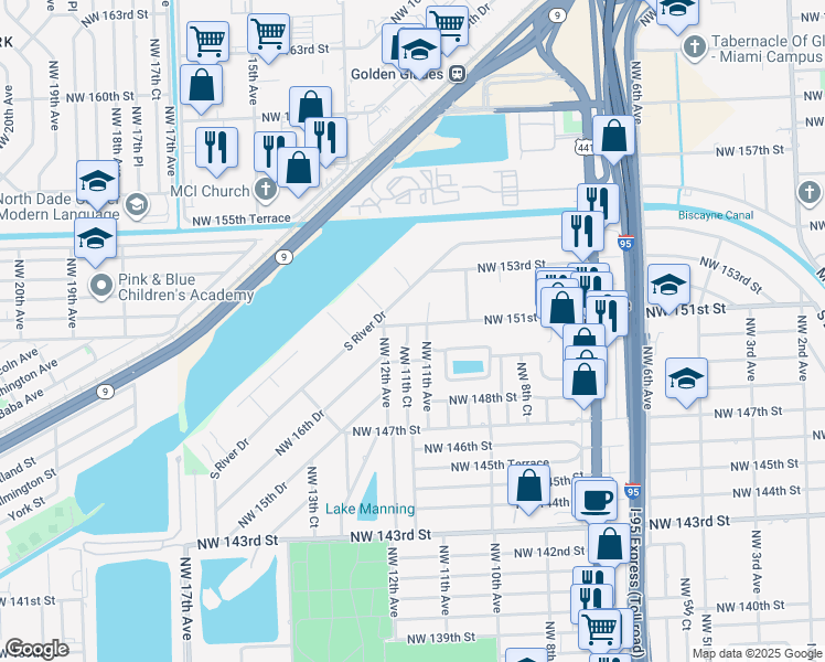 map of restaurants, bars, coffee shops, grocery stores, and more near 1120 Northwest 151st Street in Miami