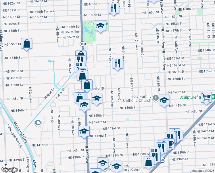 map of restaurants, bars, coffee shops, grocery stores, and more near 14901 Northeast 7th Court in North Miami