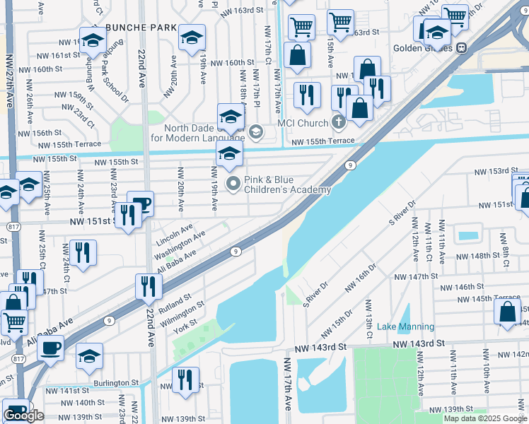 map of restaurants, bars, coffee shops, grocery stores, and more near 1751 Northwest 151st Street in Opa-locka