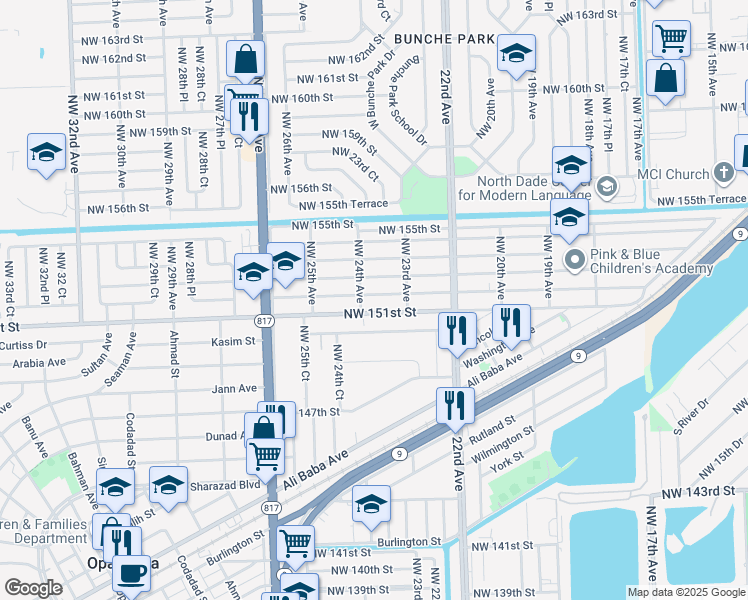map of restaurants, bars, coffee shops, grocery stores, and more near 2374 Northwest 152nd Street in Opa-locka