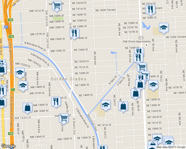 map of restaurants, bars, coffee shops, grocery stores, and more near 186 Northeast 150th Street in Miami
