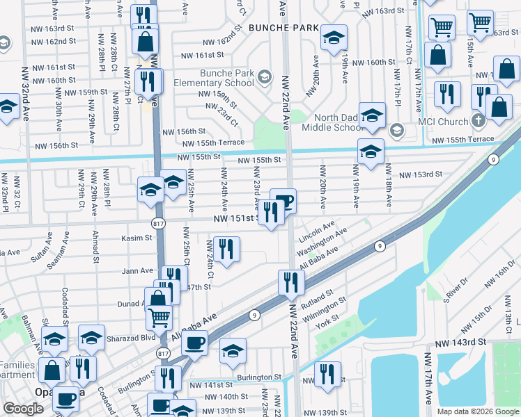 map of restaurants, bars, coffee shops, grocery stores, and more near 15125 Northwest 23rd Avenue in Opa-locka