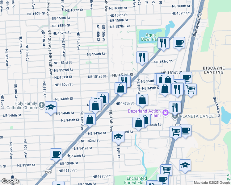 map of restaurants, bars, coffee shops, grocery stores, and more near 14811 West Dixie Highway in Miami