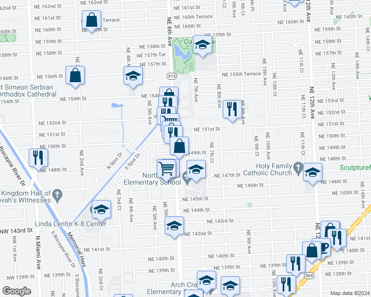 map of restaurants, bars, coffee shops, grocery stores, and more near 14901 Northeast 150th Street in Miami