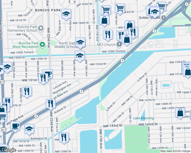 map of restaurants, bars, coffee shops, grocery stores, and more near 1751 Northwest 151st Street in Opa-locka