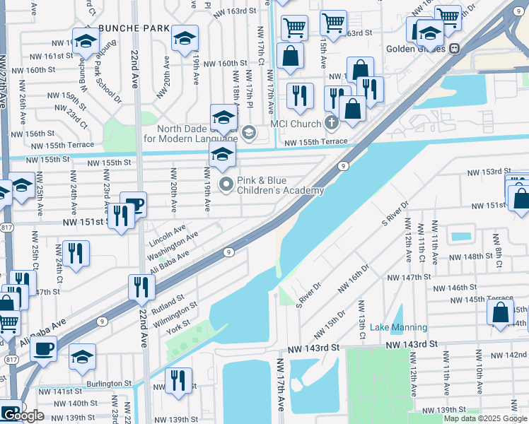 map of restaurants, bars, coffee shops, grocery stores, and more near 1751 Northwest 151st Street in Opa-locka
