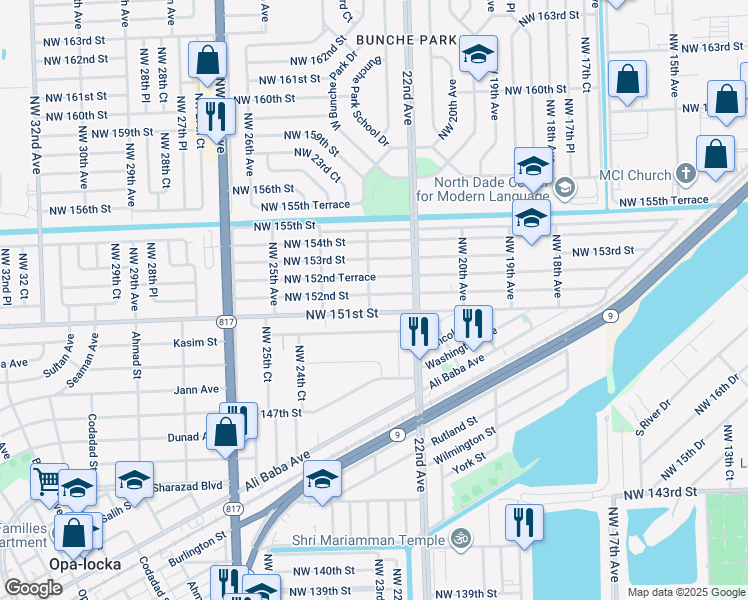 map of restaurants, bars, coffee shops, grocery stores, and more near 15125 Northwest 23rd Avenue in Opa-locka