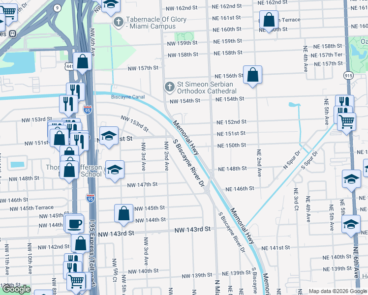 map of restaurants, bars, coffee shops, grocery stores, and more near 14955 South Biscayne River Drive in Miami