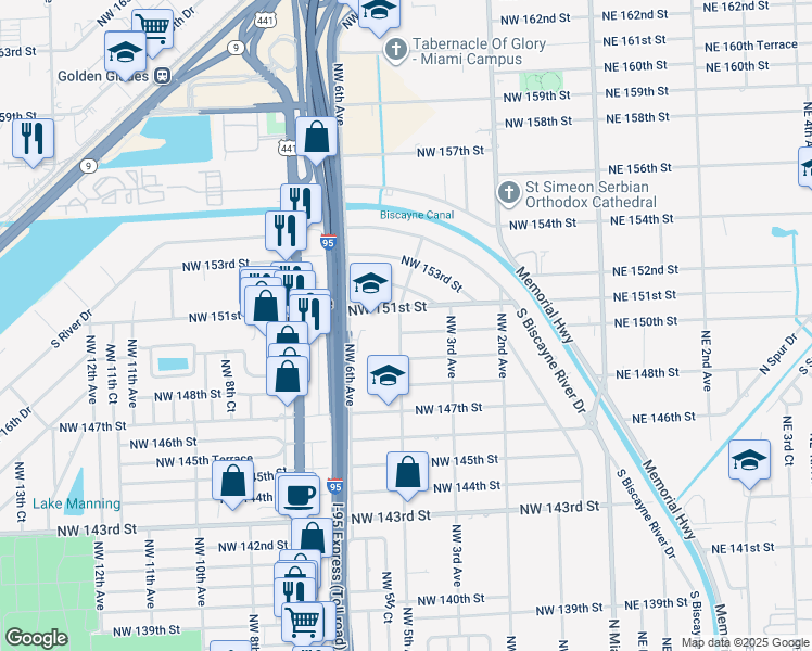 map of restaurants, bars, coffee shops, grocery stores, and more near 15001 Northwest 5th Avenue in Miami
