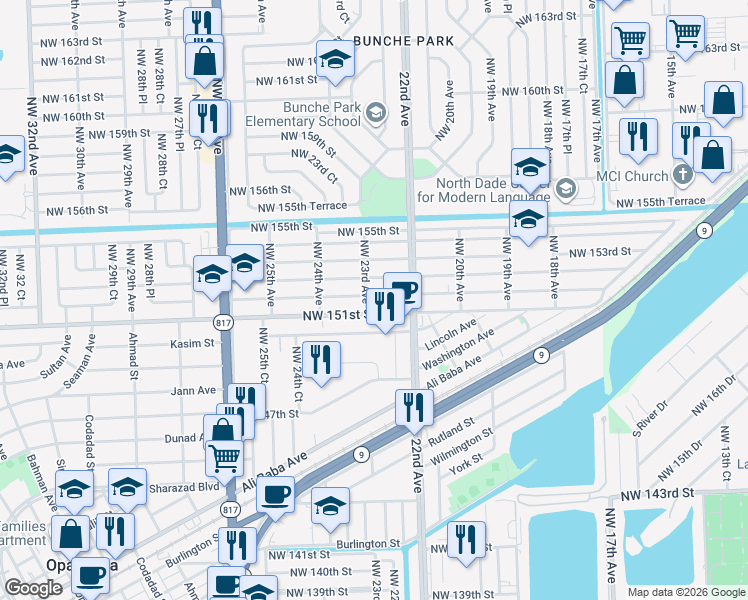 map of restaurants, bars, coffee shops, grocery stores, and more near 15125 Northwest 23rd Avenue in Opa-locka