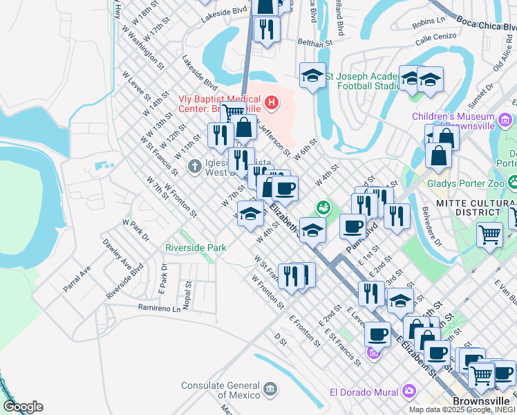 map of restaurants, bars, coffee shops, grocery stores, and more near 304 West 6th Street in Brownsville