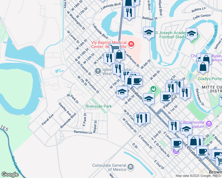 map of restaurants, bars, coffee shops, grocery stores, and more near 655 West Saint Charles Street in Brownsville