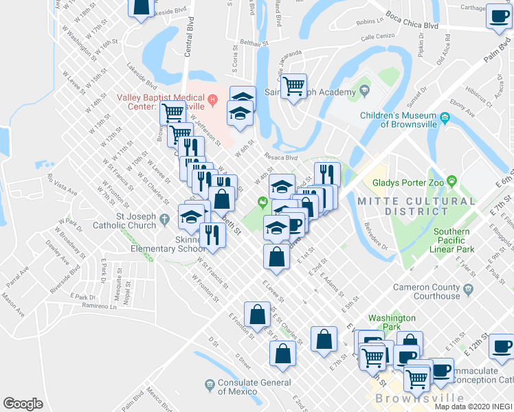 map of restaurants, bars, coffee shops, grocery stores, and more near Belden West Brownsville Cycle and Pedestrian Trail in Brownsville