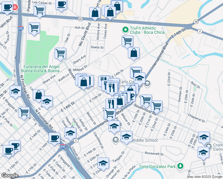 map of restaurants, bars, coffee shops, grocery stores, and more near 1474 Coolidge Street in Brownsville