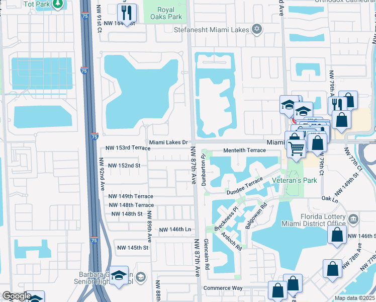 map of restaurants, bars, coffee shops, grocery stores, and more near 8720 Northwest 153rd Terrace in Hialeah
