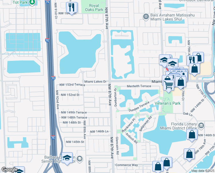 map of restaurants, bars, coffee shops, grocery stores, and more near 8720 Northwest 153rd Terrace in Hialeah