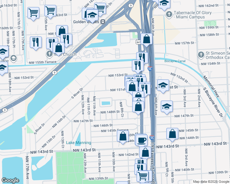 map of restaurants, bars, coffee shops, grocery stores, and more near 920 Northwest 151st Street in Miami
