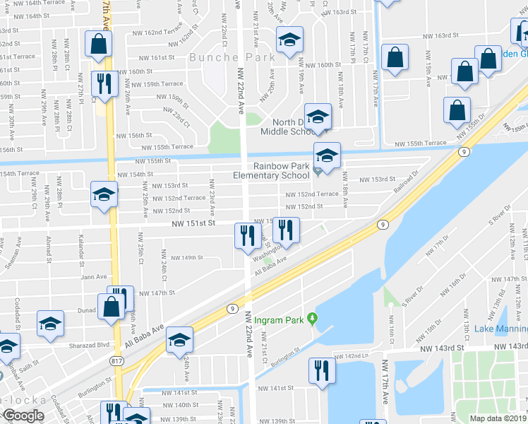 map of restaurants, bars, coffee shops, grocery stores, and more near 2040 Northwest 152nd Street in Opa-locka
