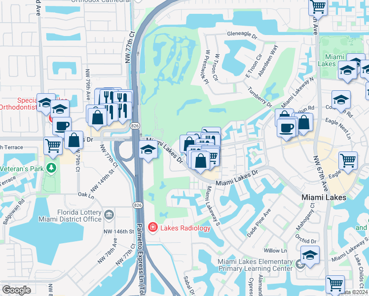 map of restaurants, bars, coffee shops, grocery stores, and more near 7501 Miami Lakes Drive in Miami Lakes