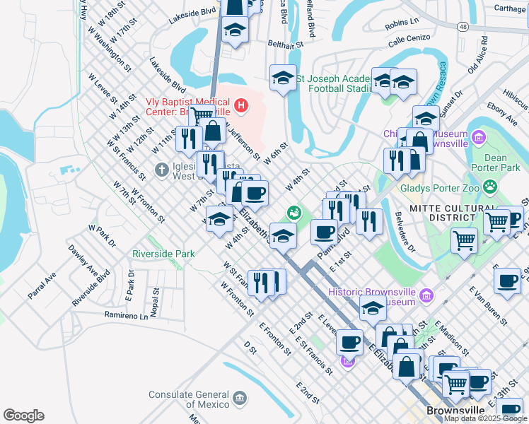 map of restaurants, bars, coffee shops, grocery stores, and more near 399 West Washington Street in Brownsville