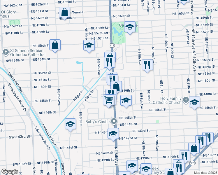 map of restaurants, bars, coffee shops, grocery stores, and more near 580 Northeast 150th Street in Miami