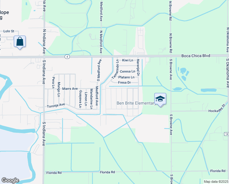 map of restaurants, bars, coffee shops, grocery stores, and more near 512 Fresa Drive in Brownsville