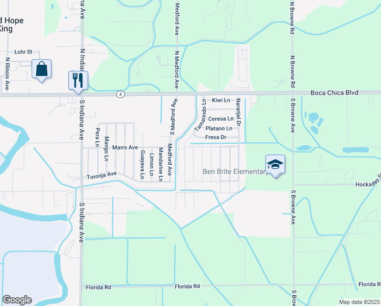 map of restaurants, bars, coffee shops, grocery stores, and more near 512 Fresa Drive in Brownsville