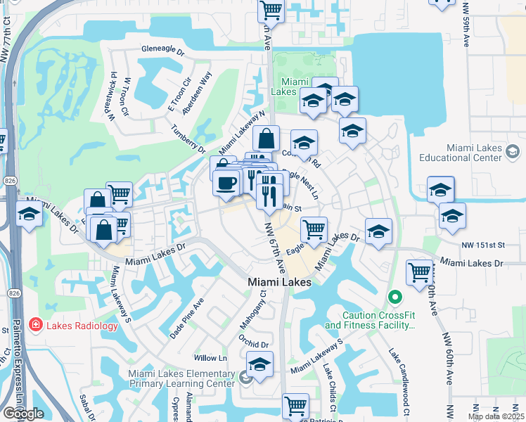 map of restaurants, bars, coffee shops, grocery stores, and more near 6624 Main Street in Miami Lakes