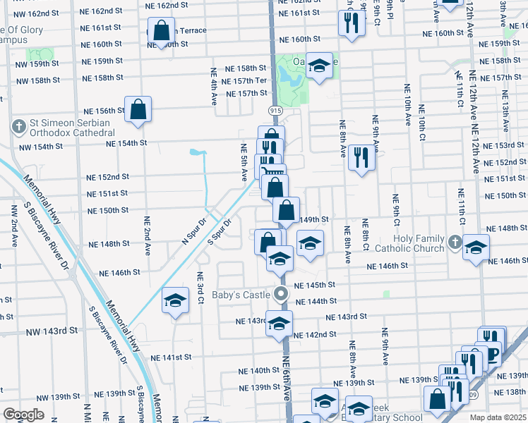 map of restaurants, bars, coffee shops, grocery stores, and more near 580 Northeast 150th Street in Miami