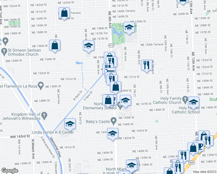 map of restaurants, bars, coffee shops, grocery stores, and more near 592 Northeast 150th Street in Miami