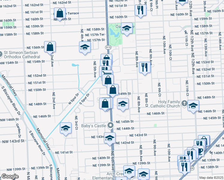 map of restaurants, bars, coffee shops, grocery stores, and more near 14901 Northeast 150th Street in Miami