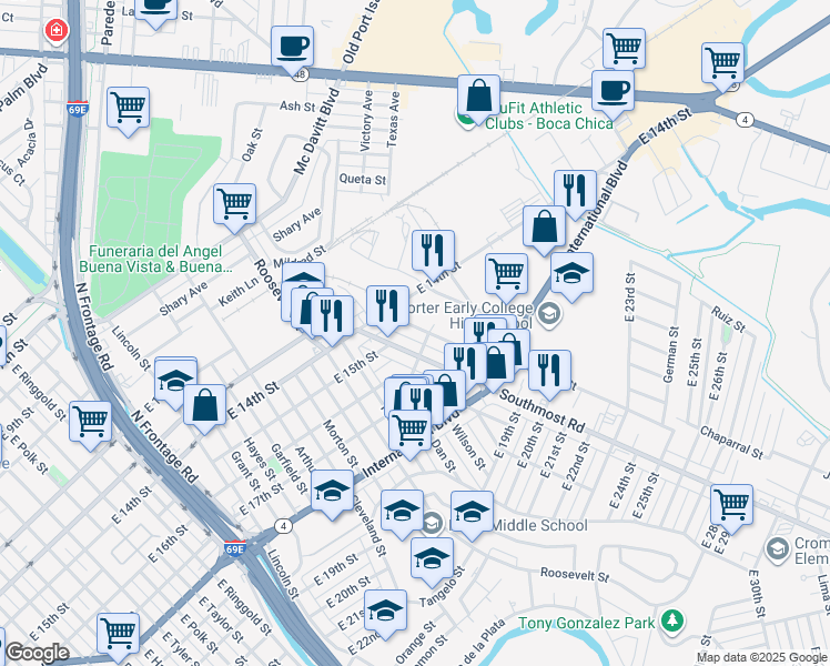 map of restaurants, bars, coffee shops, grocery stores, and more near 1474 Coolidge Street in Brownsville