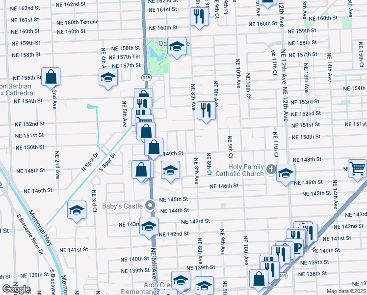 map of restaurants, bars, coffee shops, grocery stores, and more near 14901 Northeast 7th Court in North Miami