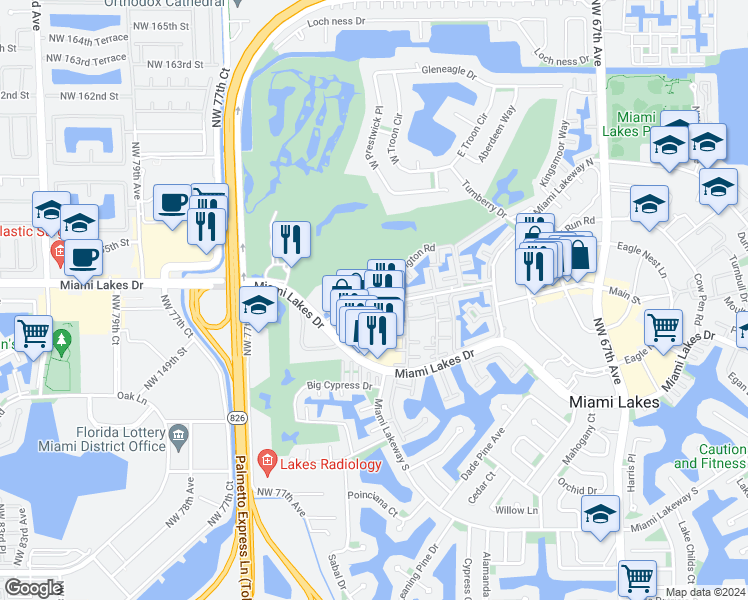 map of restaurants, bars, coffee shops, grocery stores, and more near 7335 Fairway Drive in Hialeah