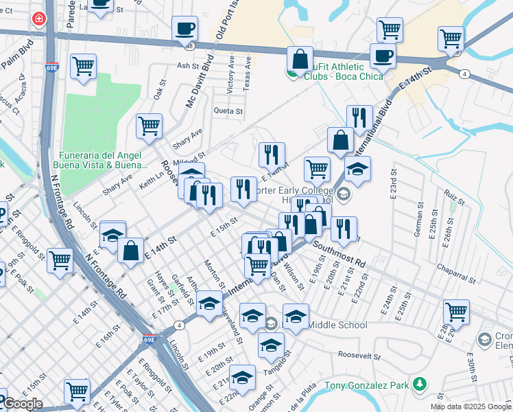 map of restaurants, bars, coffee shops, grocery stores, and more near 1474 Coolidge Street in Brownsville